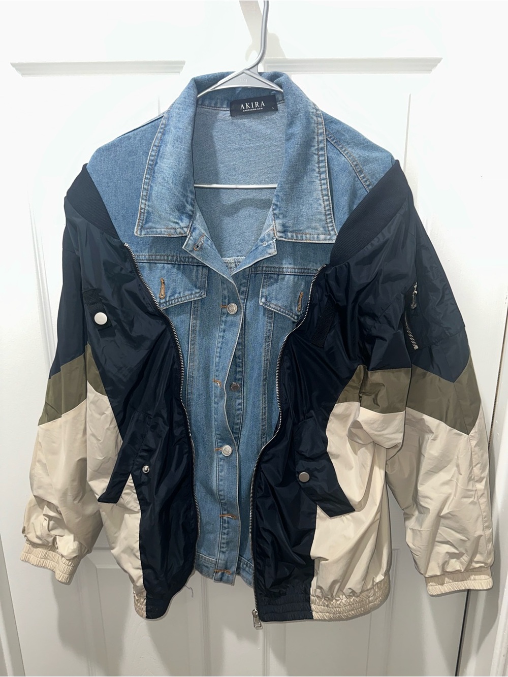 AKIRA Mixed Denim and Colorblock Oversized Jacket in Blue, Black, Olive, Cream
